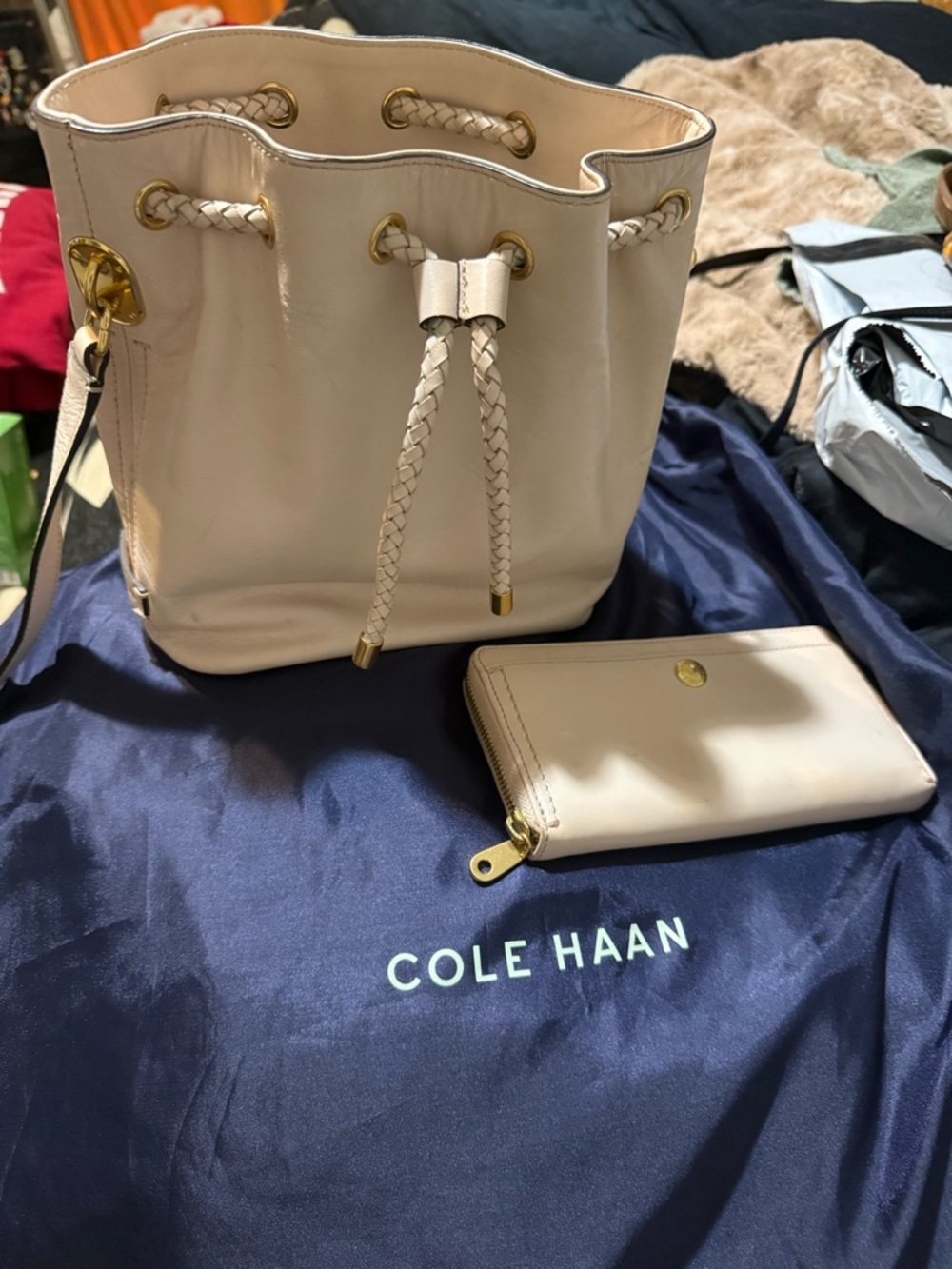 Cole Haan Cream or light Pink Leather Drawstring Bucket Bag with Matching Wallet